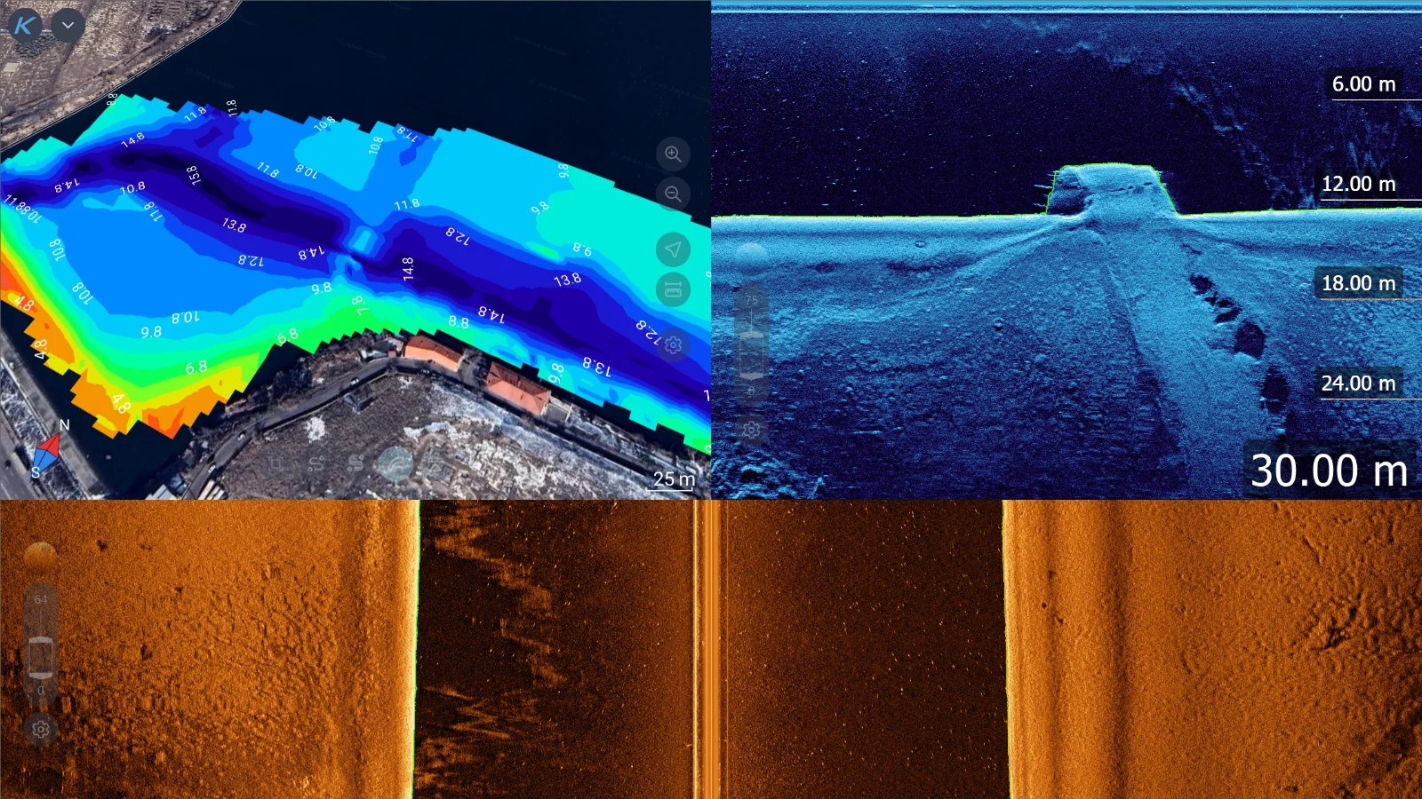 KoggerApp on a desktop: isobaths on the map, an echogram and a side-scan channel side by side