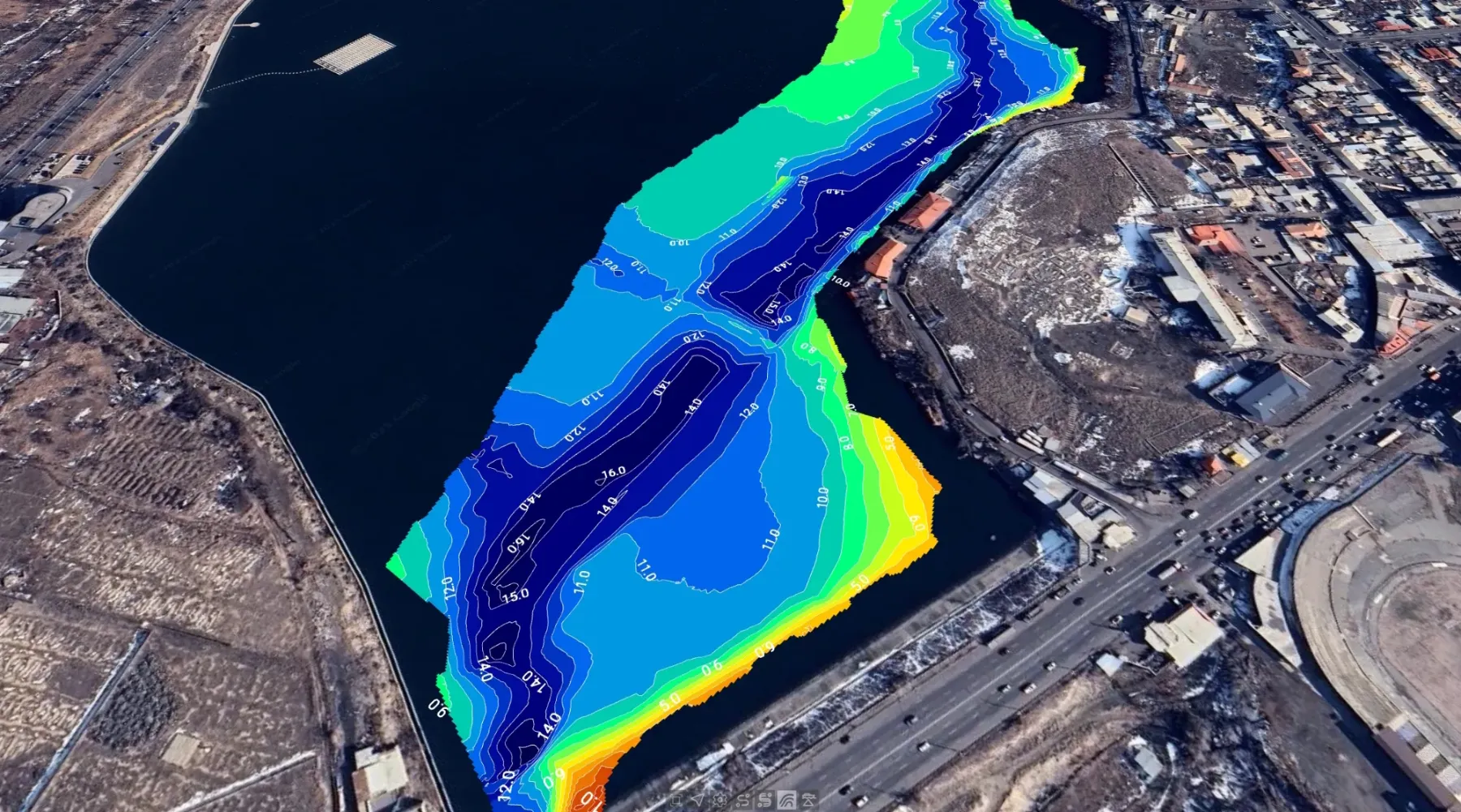 Isobaths with labelled depths, computed live and laid over the satellite map of the survey area
